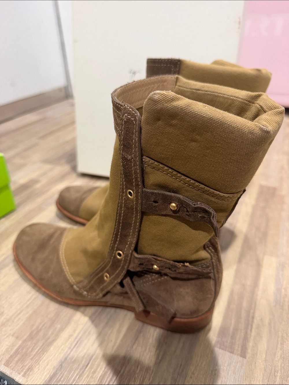 Giuseppe Zanotti Thakoon Giuly Tubo Tan & Brown Canvas Suede Ankle Boots Size 10